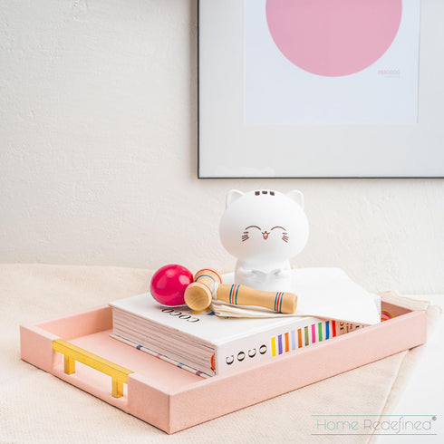 17.5"x12" Home Redefined Modern Elegant Rectangle Baby Pink Tray Glossy Shagreen Faux Leather Decorative Ottoman Coffee