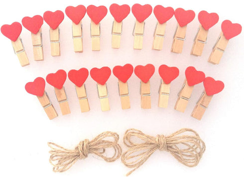 LWR CRAFTS Red Heart Wooden Mini Clothespins, 20 Pieces and Jute Cord, 8ft