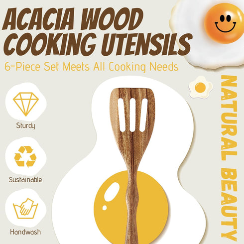 Acacia Wood Spoons for Cooking - 6 Piece Non Stick Wooden Spoon Set - with Slotted Spoon, Salad Fork, Spatula, Pasta Server-Natural Wood Kitchen Utensil Sets