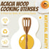 Acacia Wood Spoons for Cooking - 6 Piece Non Stick Wooden Spoon Set - with Slotted Spoon, Salad Fork, Spatula, Pasta Server-Natural Wood Kitchen Utensil Sets