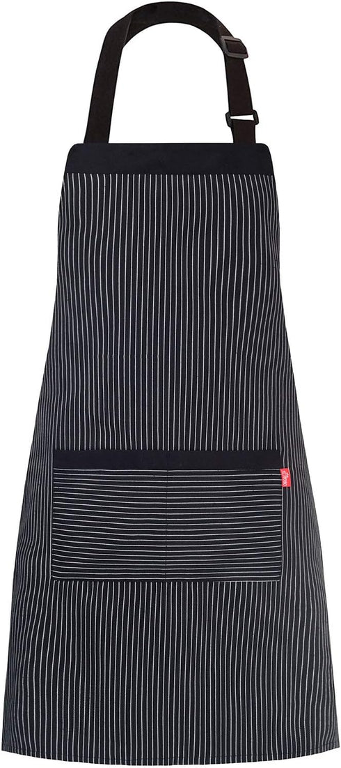 Aprons for Women and Men, Kitchen Chef Apron with 2 Pockets, Adjustable Bib Apron, Black/White Pinstripe