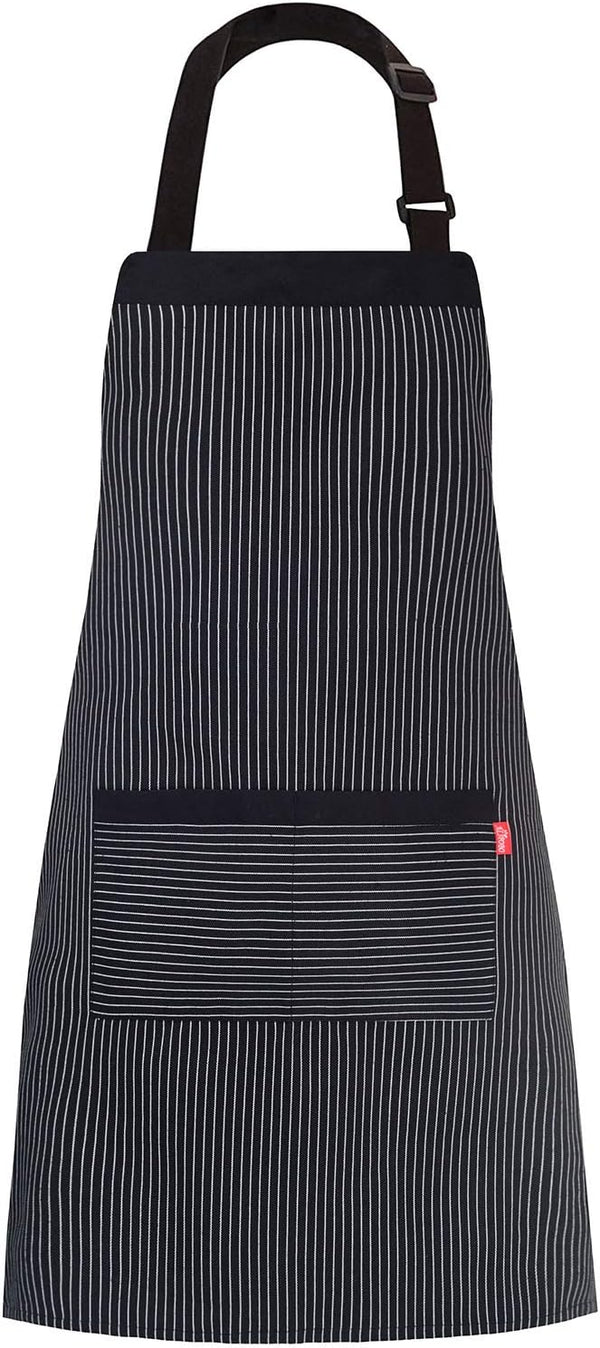 Aprons for Women and Men, Kitchen Chef Apron with 2 Pockets, Adjustable Bib Apron, Black/White Pinstripe