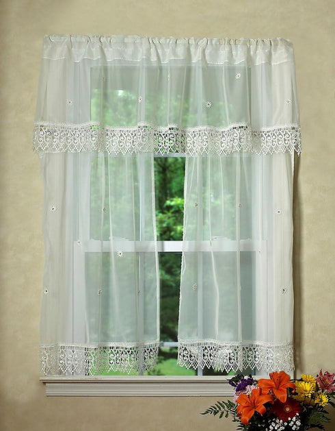 Violet Linen Daisy Design Sheer Kitchen Curtain Set, 3pc (18 * 60" Valance + 2pcs 30 * 36" Tiers)