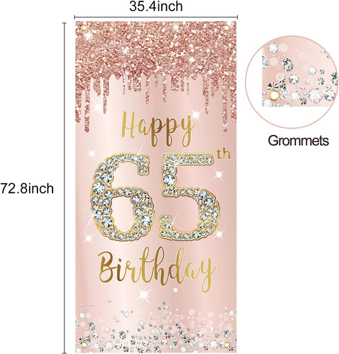 65th Birthday Decorations Door Banner for Women, Pink Rose Gold Happy 65 Birthday Backdrop Party Supplies