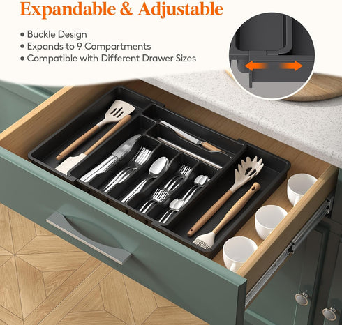 Lifewit Expandable Silverware Drawer Organizer, Adjustable Utensil Tray for Kitchen Drawers, Large Black Storage
