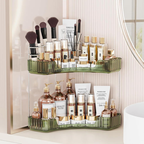Asayuee 2-Tier Corner Bathroom Counter Organizer with Top Toothbrush Holders,Large Makeup Organizer Countertop