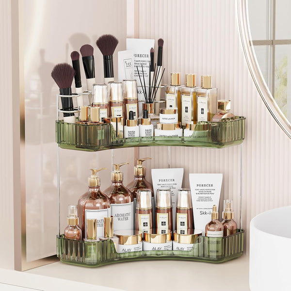 Asayuee 2-Tier Corner Bathroom Counter Organizer with Top Toothbrush Holders,Large Makeup Organizer Countertop