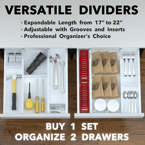 SpaceAid Bamboo Drawer Dividers with Inserts, Adjustable Kitchen Organizers, 4 Dividers (17-22 in, White)