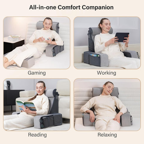 21" 60 Vekkia Reading Pillow for Sitting in Bed Ergonomic Wedge Back Pillow, XL Side Pockets, Removable Cover, Support
