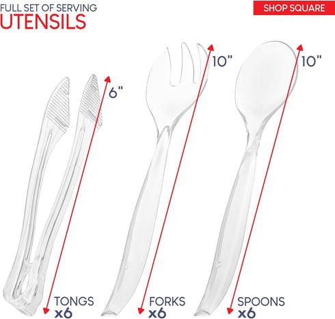 Disposable Plastic Serving Utensils - Set of 18 Clear Buffet Serving Utensils, 6 Each 6" Serving Tongs, 10” Serving Spoons, 10” Serving Forks, Party Utensils by Shop Square
