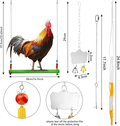 Gejoy 6 Pieces Chicken Toys for Coop Accessries Wooden Stand Mirror with Bells Coop Swing Veggies Fruit Skewer