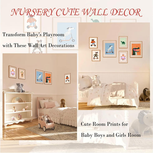 Aroutde 12Pcs Baby Nursery Room Decor, Cartoon Animal Playroom Canvas Wall Art Kids Transport Inspirational Quotes