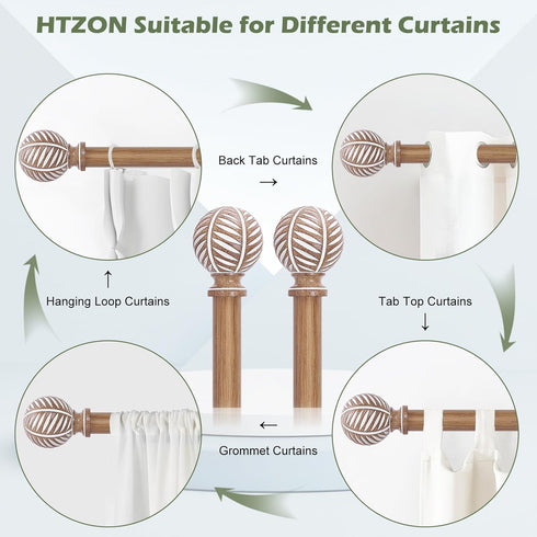 Wood Curtain Rods 18 to 60 Inch, 1 Inch Boho Adjustable Imitation Wood Grain Decorative Rods