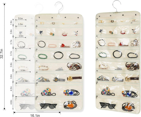 Hanging Jewelry Organizer Revolving Hanger - 50 Pockets - Foldable Storage & Display Solution - Beige