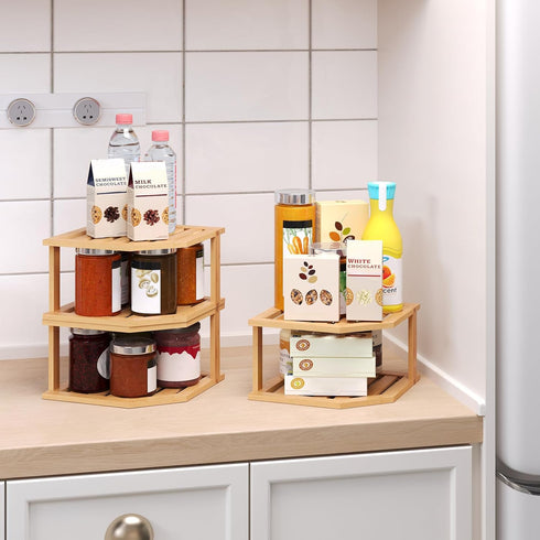 Shelf(3 Pack),2 Countertop,Pantry VERTORGAN Bamboo Corner Tier Plate Organizer for Cabinet and Dish and Spice Rack