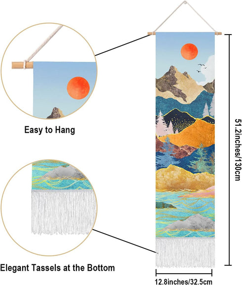 RosieLily Wall Art Tapestry, Blue Mountain Nature Design, 13W x 51H Inches for Bedroom Wall Decor