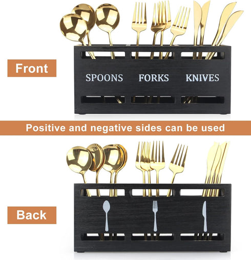 Ayiaren Wooden Silverware Caddies, Flatware Cutlery Holder for Kitchen Utensils, Black Countertop Organizer