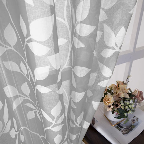 XTMYI Light Grey Small Window Curtain Panels for Bathroom, Grommet Leaf Striped Sheer Half Short Curtains, 48 Inch