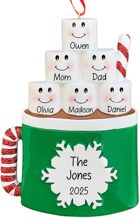 Personalized Marshmallow Family of 6 Christmas Ornament 2025 | Hot Cocoa &