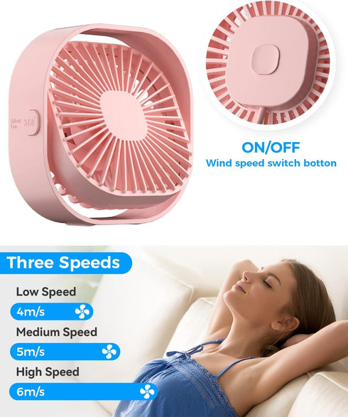 RJVW Small USB Desk Fan, 3 Speeds, 4 inch Portable Table Fan, 360° Rotatable for Home Office & Summer Gift