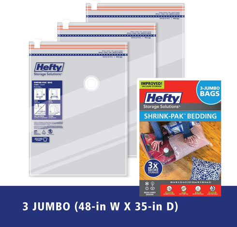 Hefty Shrink-Pak Vacuum Storage Bags - Space Saver Vacuum Storage Bags for Under Bed Storage, Clothing and Comforter Storage, Odor Resistant, 3X More Storage Space - 3 Jumbo Vacuum Storage Bags by Shrink-Pak