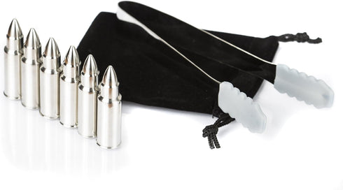 Bullet Whiskey Chillers Stones, Set of 6 Stainless Steel Bullet Shaped Ice Cubes, Gift Box, Tongs, Storage Bag