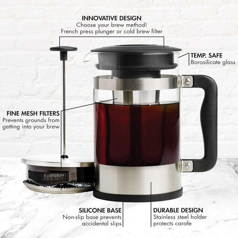 Primula 2-in-1 Coffee Maker, French Press & Cold Brew, 6 Cup Size, Durable Glass Carafe, Comfort Grip Handle