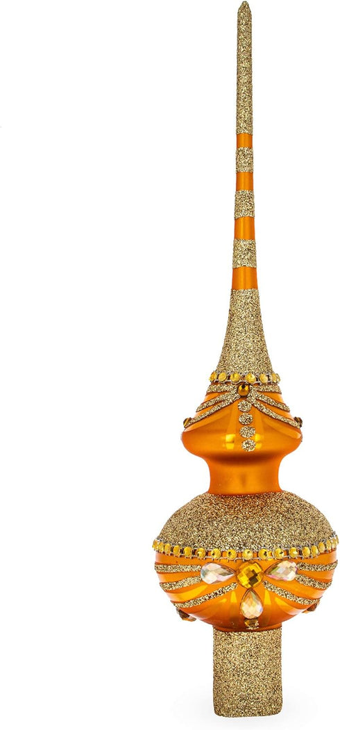 11 Inches Dimensional Christmas Tree Topper with White and Golden Jewels on Sparkling Orange Glass