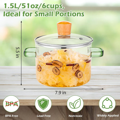 1.5L/51oz/6cups Glass Pot Glass Pots for Cooking Glass Cooking Pot Glass Simmer Pot for Stove Top Glass Simmer Pot Oven/Gas Safe (Green Handle Glass Pot) by XCTFWKzK