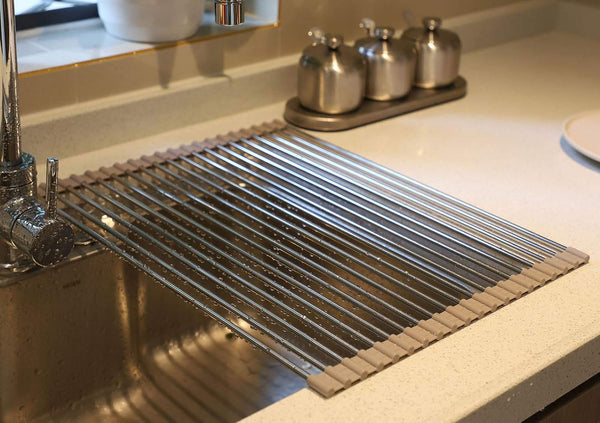 Roll up Dish Drying Rack - Over The Sink Silicone Kitchenware Folding Draining Rack SUS304 Stainless Steel