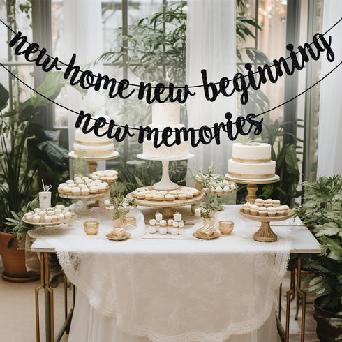 New Home New Beginning New Memories Banner, Housewarming Decoration for New Couple First Home, Black Glitter