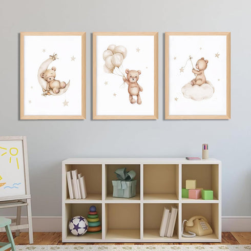 Set 3, 12x16 inch Framed Teddy Bear Wall Art Nursery Decor of Bear Sleeping on The Moon and Stars Pictures Canvas