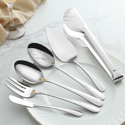 BEWOS 20-Piece Large Serving Utensil Set, Includes Spoons, Tongs, Forks, Cake Server, Stainless Steel, Dishwasher Safe