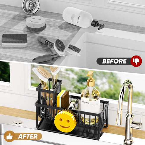 Taugast Sponge Holder for Kitchen Sink,Smiley Face Sink Caddy with Removable Brush Holder,Self-Draining Sponge Caddy