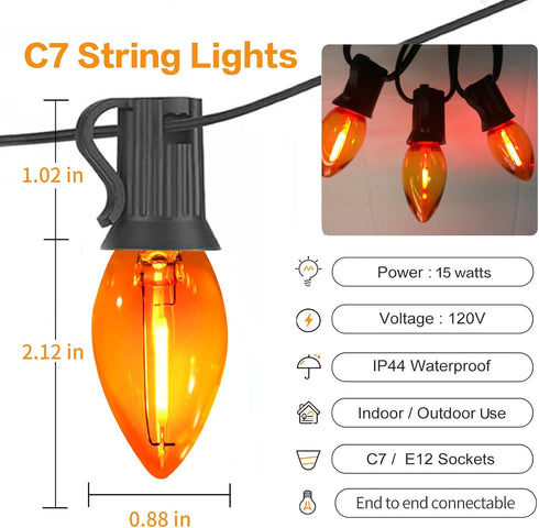 C7 25FT 25 Bulbs, Orange Halloween Lights Outdoor, LED String Lights with Waterproof Fall Thanksgiving Decor for Patio