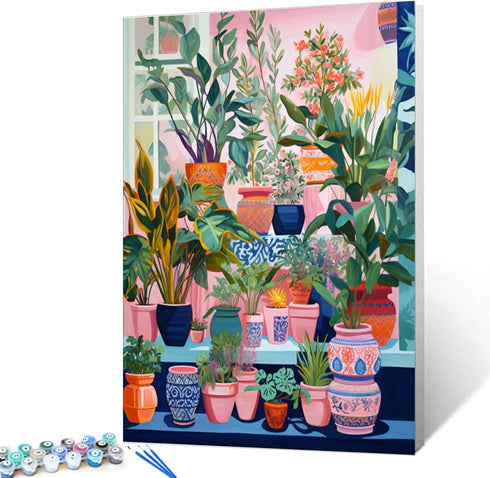 Colorful Potted Plants Digital Painting Kit, Paint by Numbers for Adults, Acrylic Oil Painting Set, 12x16 in (Frameless)