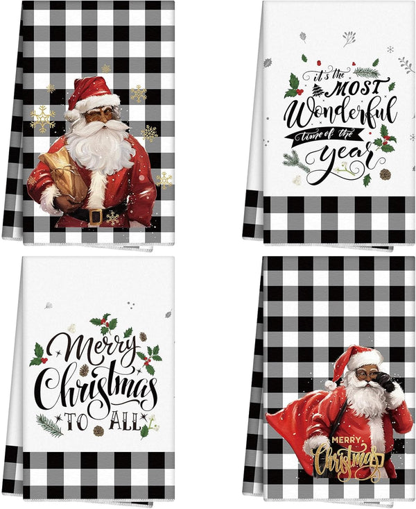 Buryeah 4 Pcs Christmas Kitchen Towels African American Black Santa Hand Towels
