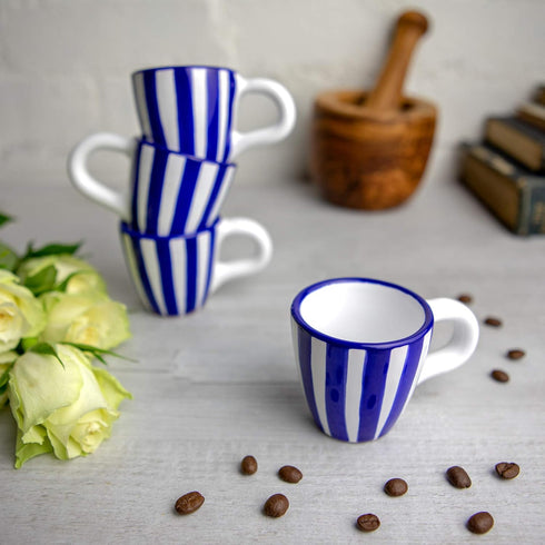 City to Cottage Handcrafted Navy Blue Stripe Ceramic Espresso Cups - Set of 4 for Espresso Machine