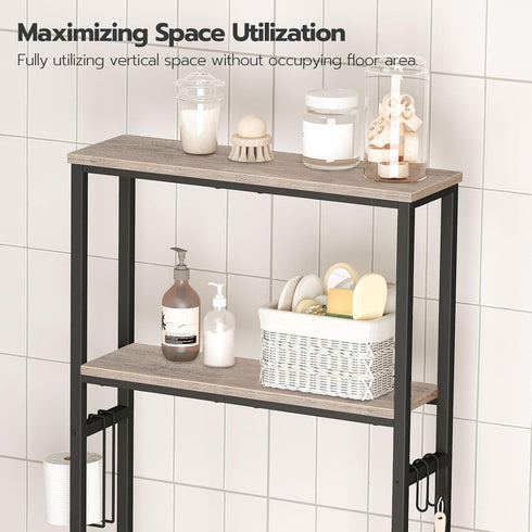 HOOBRO 2-Tier Over The Toilet Storage Organizer Shelf, Bathroom with Toilet Paper Holder and Hooks, Greige and Black