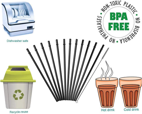 DAKOUFISH 10 Inch Long Black Reusable Plastic Drinking Straws Set of 12 with Cleaning Brush for 16 oz & 24 oz Mason Jars