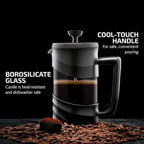 OVENTE 34 Ounce French Press Coffee, Tea and Espresso Maker, Heat Resistant Borosilicate Glass with 4 Filter Stainless-Steel System, BPA-Free Portable Pitcher Perfect for Hot & Cold Brew, Black FPW34B by OVENTE