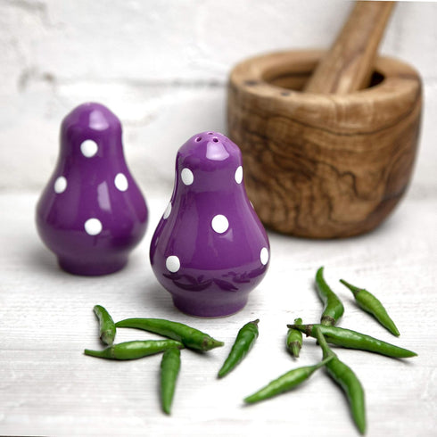 City to Cottage Handcrafted Ceramic Salt and Pepper Shakers Set, Purple Polka Dot Spice Shakers for Farmhouse Kitchen