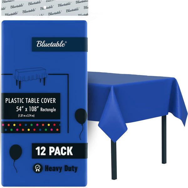 Disposable Blue Plastic Tablecloth (12 Pack) - Ultra Heavy Duty Rectangle (54” x 108”) for 6 or 8 Foot Tables