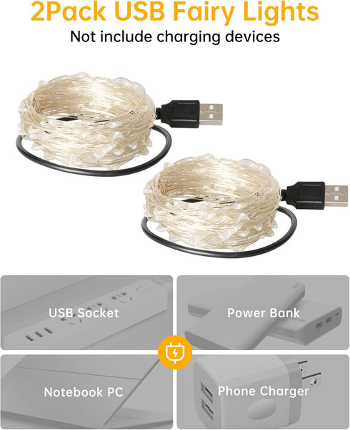 Blingstar USB Powered Fairy Lights, 2 Pack 33Ft 100 LED Mini String Lights for Indoor Decoration, Warm White