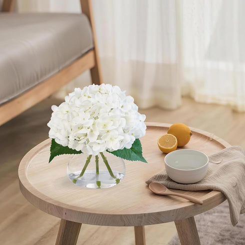 Hydrangea Artificial Flowers in Glass Vase, White Silk Fake Flowers Silk Centerpiece Table Decorations for Dining Room
