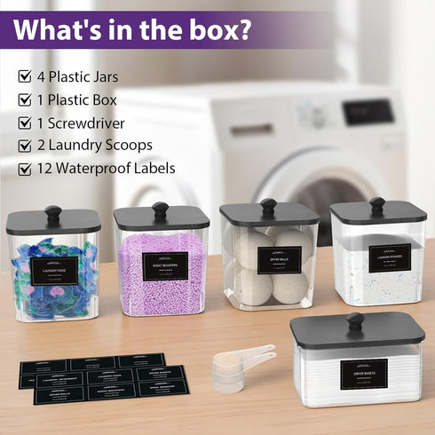 4+1 Pack COAZEX Clear Laundry Pods Container & Dryer Sheet Holder, Plastic Square Laundry Room Organization and Storage