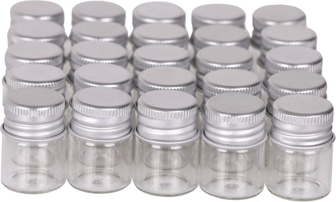 Mini Glass Bottles with Screw Caps, 5ml 24 Sets Aluminum Top Metal Lids, Tiny Vials Small Jars for DIY Storage, Art