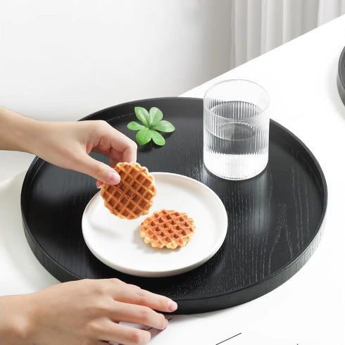 River Restaurant(11.8inch/30cm, Round Wood Serving Tray, Solid Wooden Decorative Tray Non-Slip Tea Coffee Table Tray
