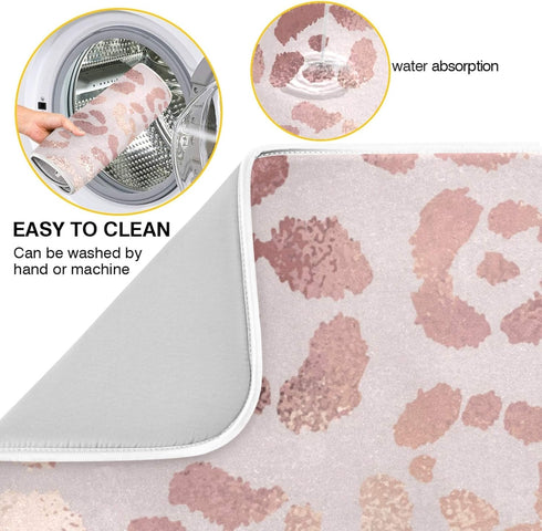OREZI Absorbent Dish Drying Mat, Rose Golden Leopard Print, 16 x 18 Inches for Kitchen Counter