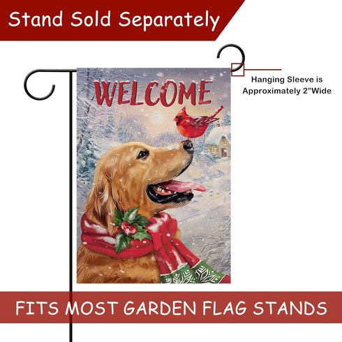 Welcome Winter Golden Retriever Dog Decorative Burlap Garden Flag, Puppy Cardinal Pet Home Yard Decor, Double Sided 12